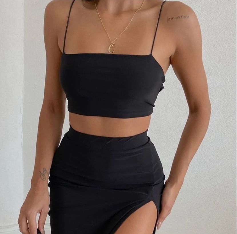 Black half cut long Skirt with Crop strip top - MASHUP