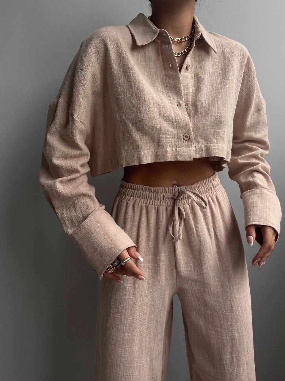 Linen Crop Top & Pants Set - MASHUP