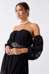 Long Black Off Shoulder Dress With Belt - MASHUP