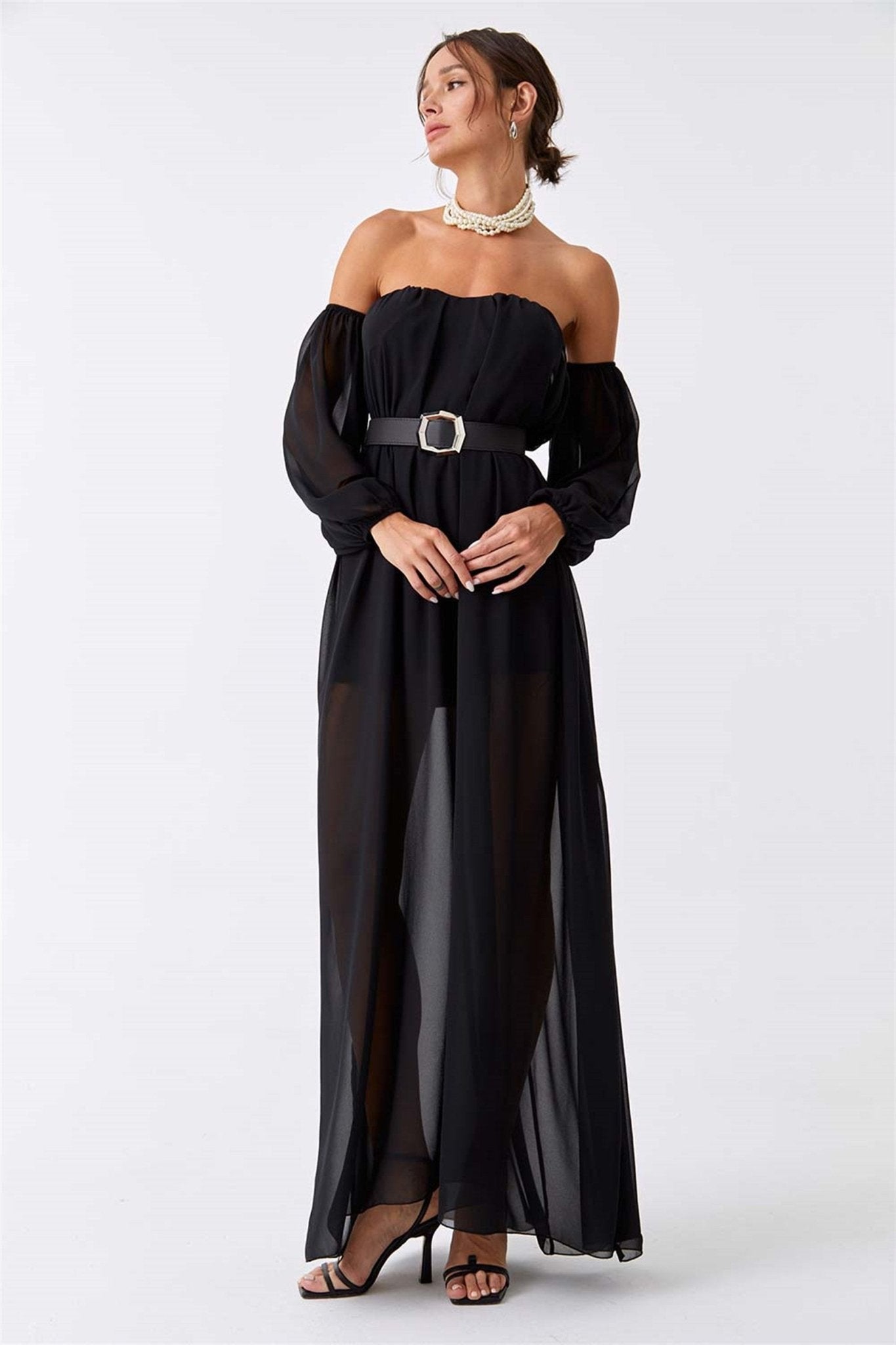 Long Black Off Shoulder Dress With Belt - MASHUP