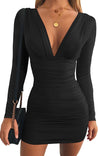 Long Sleeve Dresses Women Folds Sheath Sexy V-Neck - MASHUP