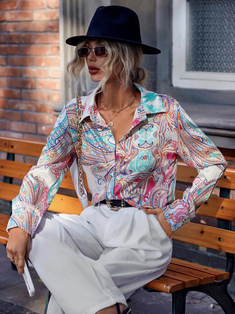 Patterned Satin Blouse with Button's - MASHUP