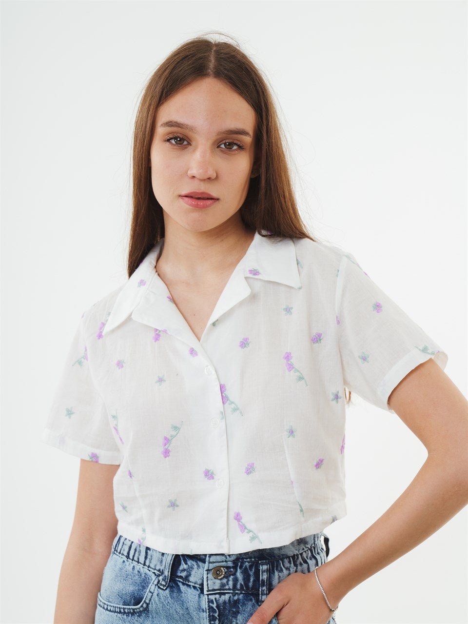 Pink Flowers on White Collared T Shirt - MASHUP