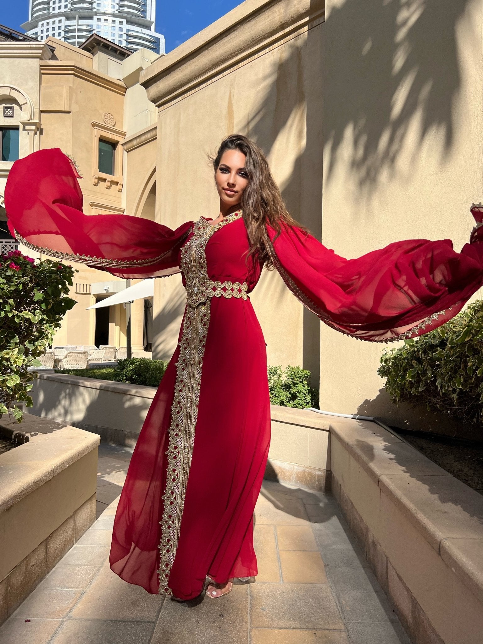 Red Abaya With Elegant Embroidery - MASHUP