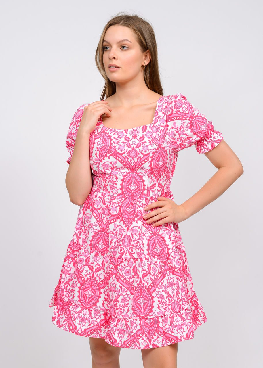 Ruffled Hem Printed Short Sleeves Dress - MASHUP