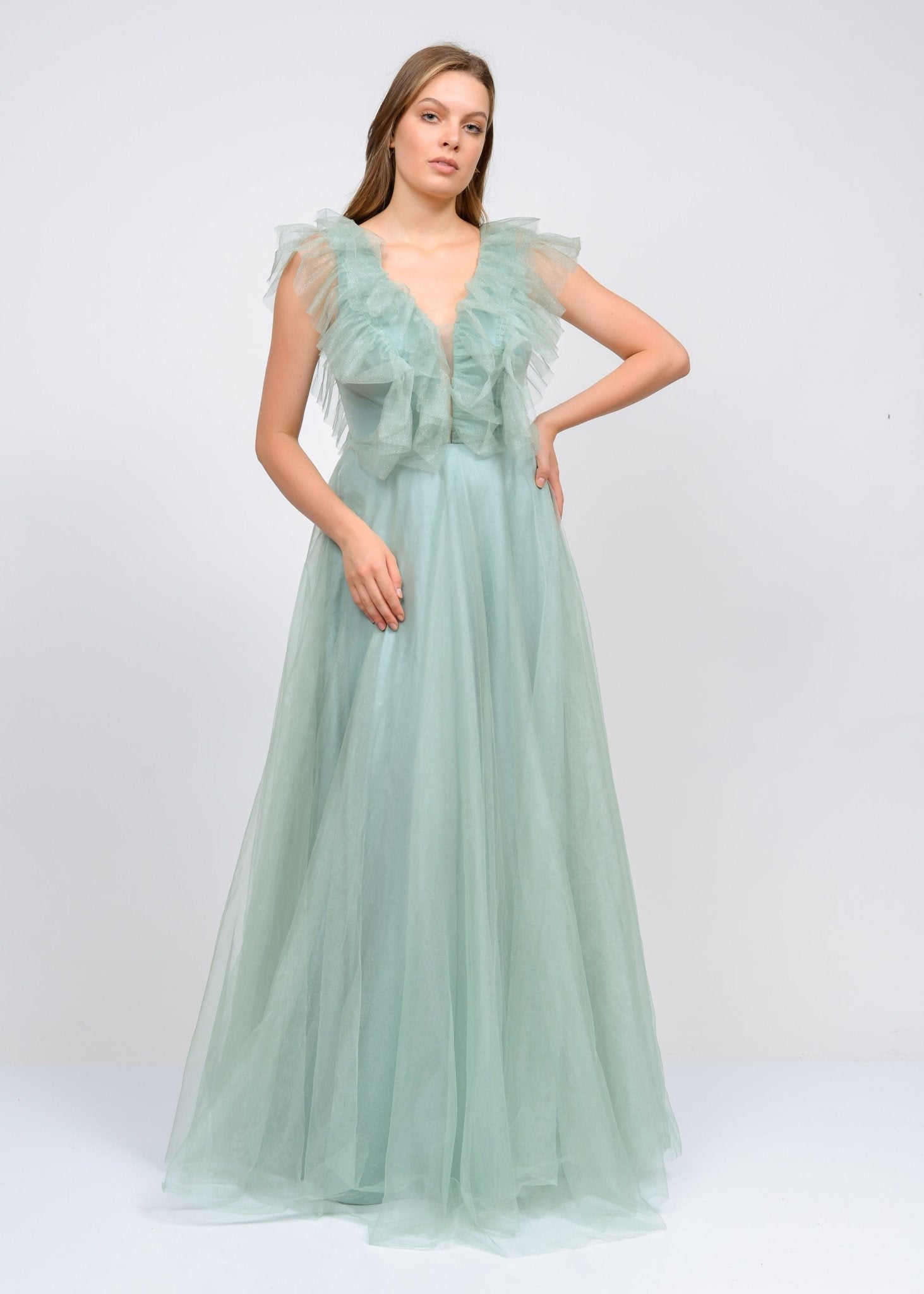 Ruffled Neck Flowy Evening Dress - MASHUP