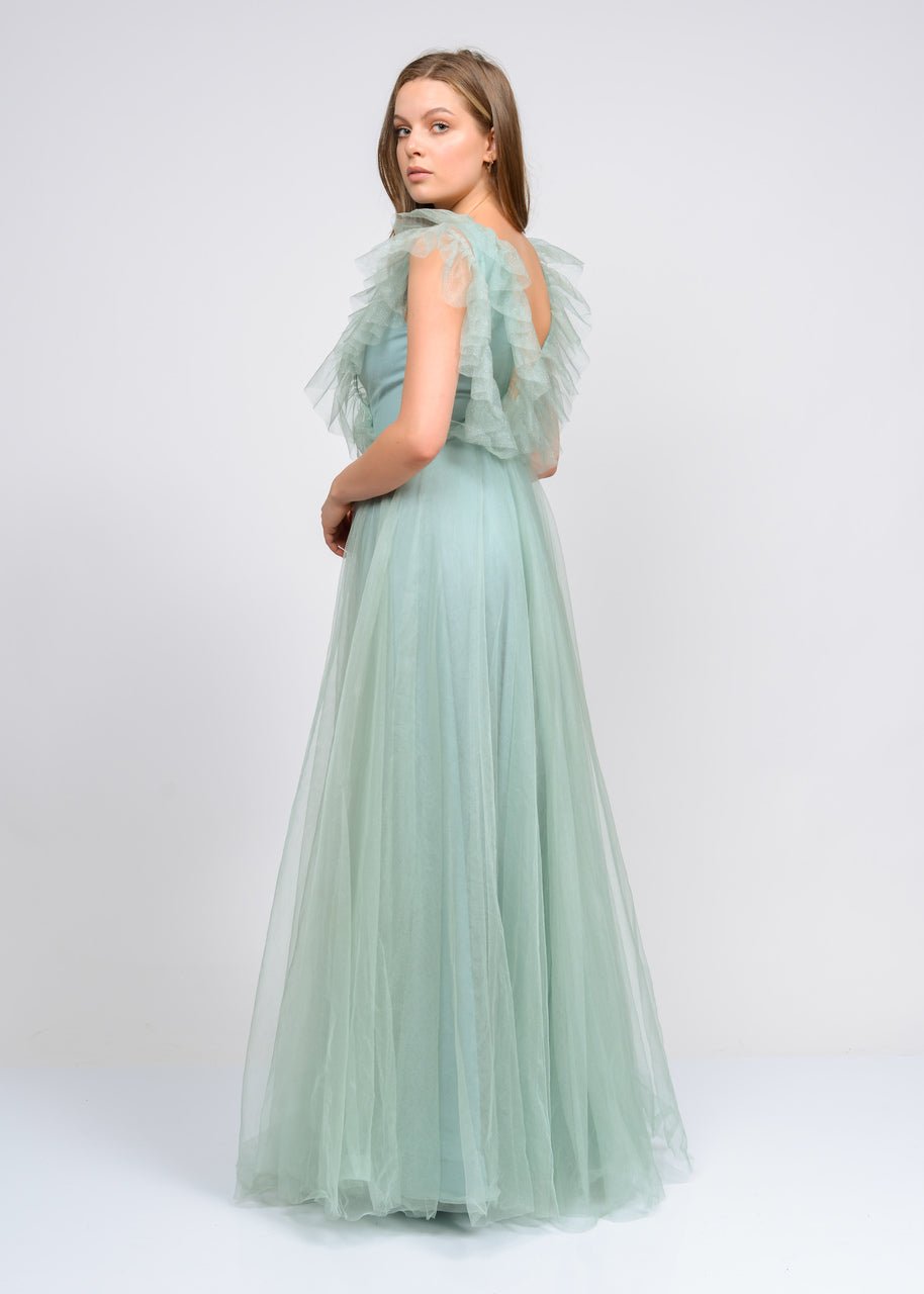 Ruffled Neck Flowy Evening Dress - MASHUP