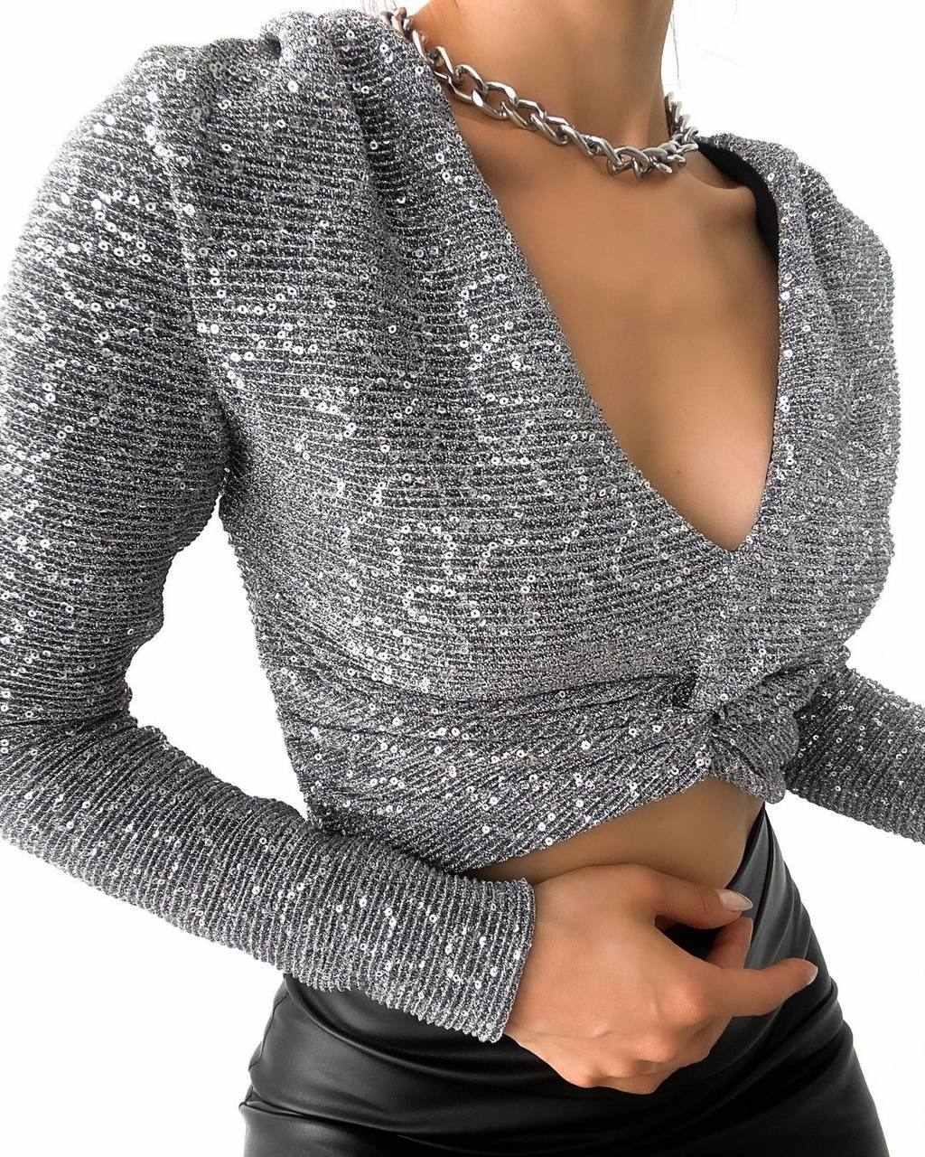 Sequin V-Neck Blouse - MASHUP