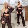 Silky soft lounge pants with drawstring waist, matching long sleeve with collar and button down detail, and crop with adjustable straps - MASHUP