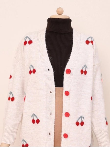 Soft Medium Length Cherry Embroidered Cardigan - MASHUP