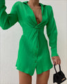 Solid Deep V Twist Front Shirt Dress - MASHUP