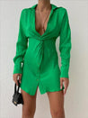 Solid Deep V Twist Front Shirt Dress - MASHUP