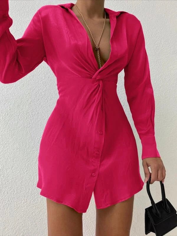 Solid Deep V Twist Front Shirt Dress - MASHUP