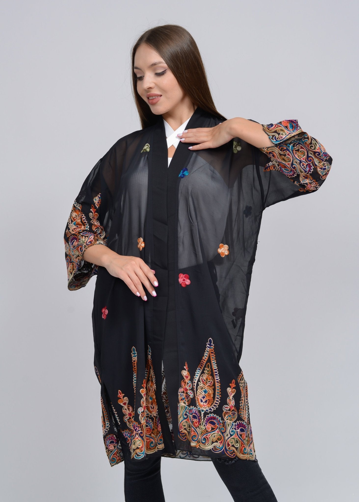 White & Black Kimono with colorful print - MASHUP